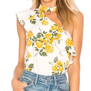 L’Acadamie one shoulder top w yellow roses, size small, NWT
